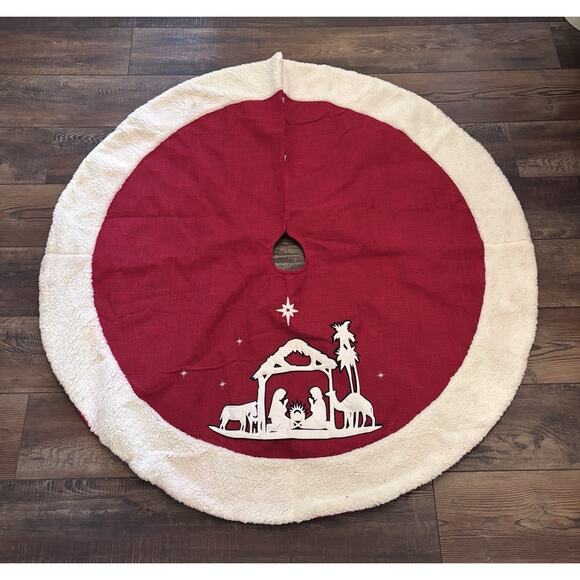 Nativity Scene Christmas Tree Skirt Jesus 48" Felt Red White Fur Holiday - Picture 2 of 9